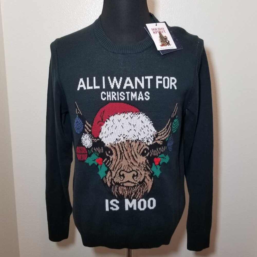 Denim & Flowers Ricky Singh Christmas Sweater Mens‎ Medium Moo Cow Steer NWT